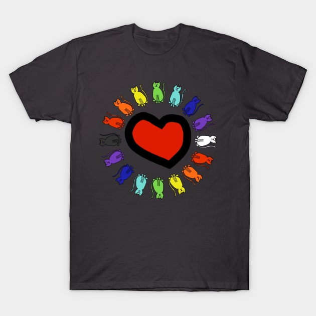 Rainbow Cats Circle Heart Valentines Day T-Shirt by ellenhenryart